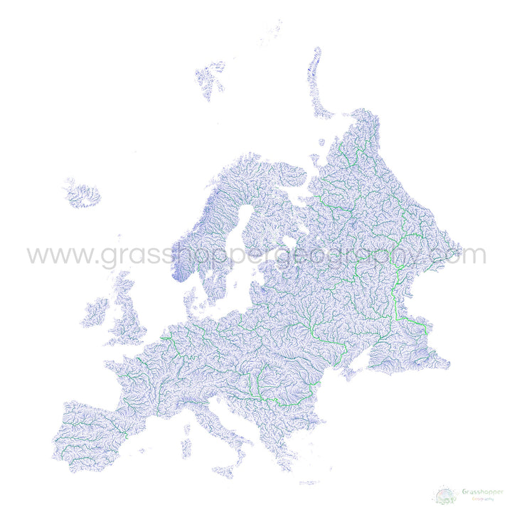 Europe - Blue and green river map on white - Fine Art Print