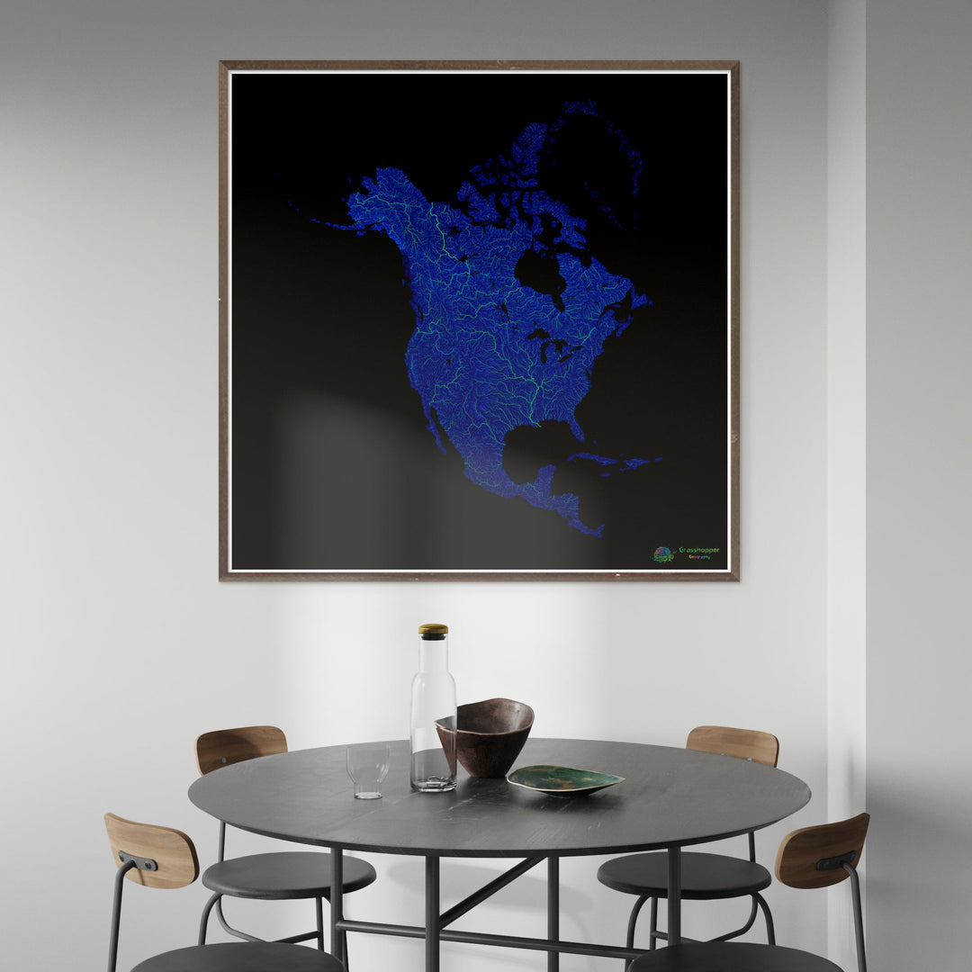 Blue and green river map of North America with black background Fine Art Print