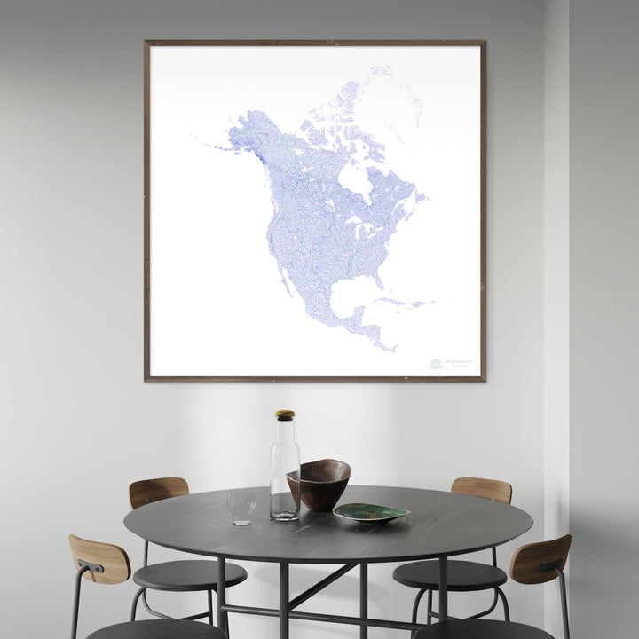 América del Norte - Mapa de ríos azules y verdes sobre blanco - Impresión de Bellas Artes