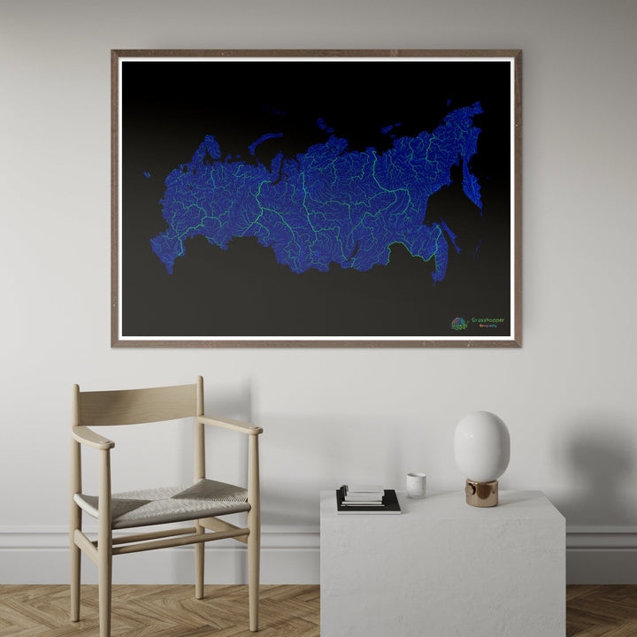 Blue and green river map of Russia with black background Fine Art Print