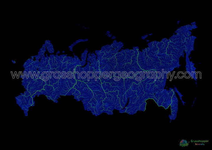 Россия - Карта рек синего и зеленого цвета на черном фоне - Художественная печать