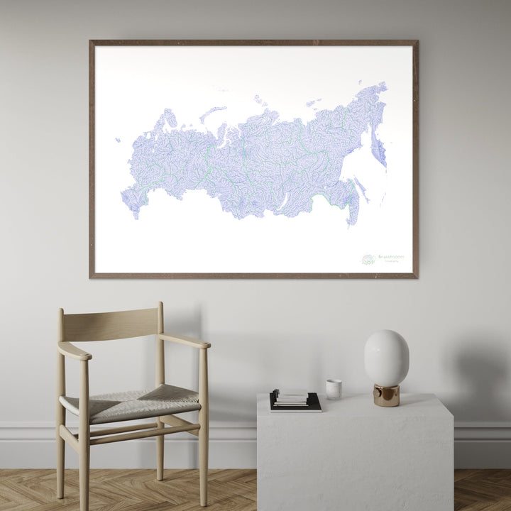 Russia - Blue and green river map on white - Fine Art Print