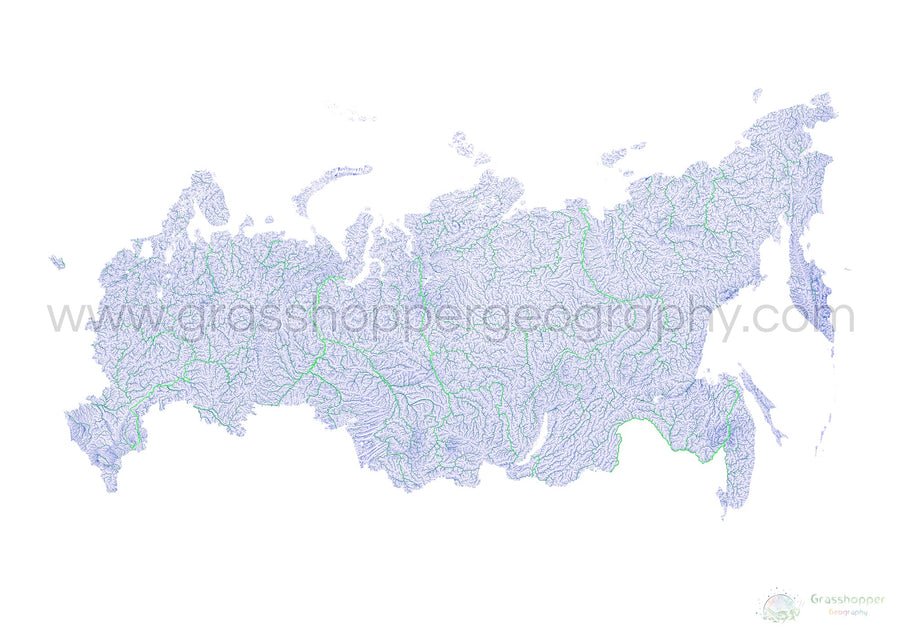 Russia - Blue and green river map on white - Fine Art Print ...