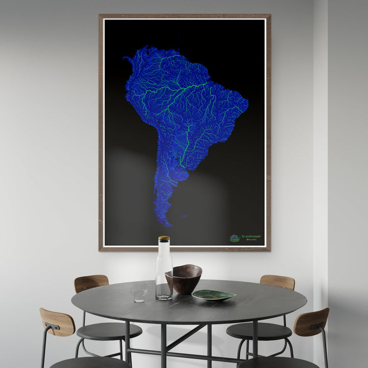 Blue and green river map of South America with black background Fine Art Print