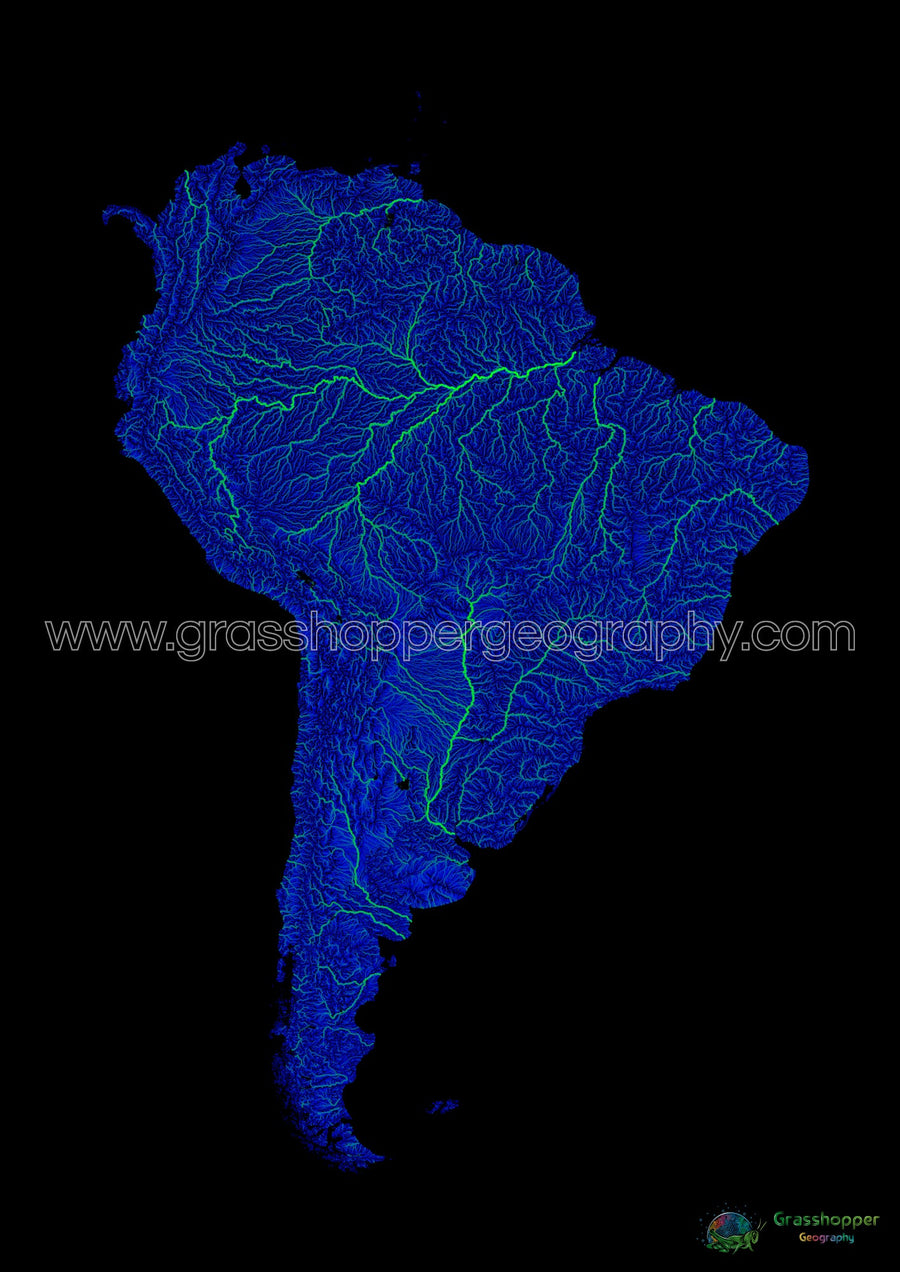 South America - Blue and green river map on black - Fine Art Print ...