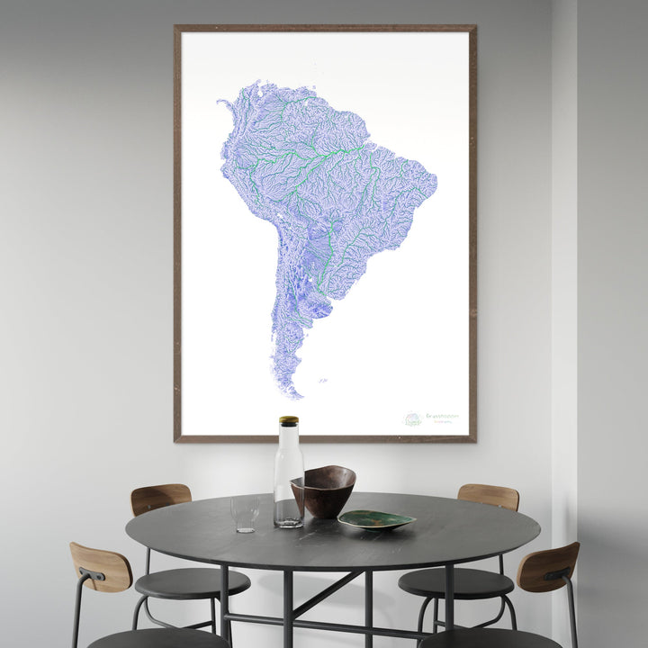 América del Sur - Mapa de ríos azules y verdes sobre blanco - Impresión de Bellas Artes
