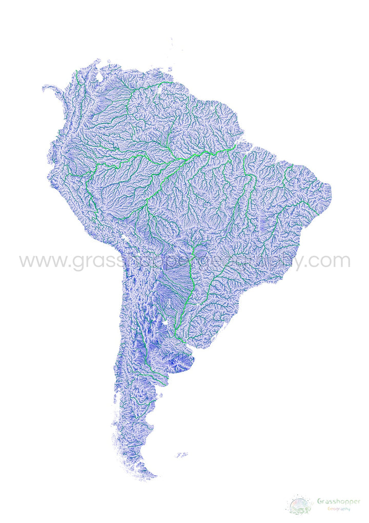 América del Sur - Mapa de ríos azules y verdes sobre blanco - Impresión de Bellas Artes