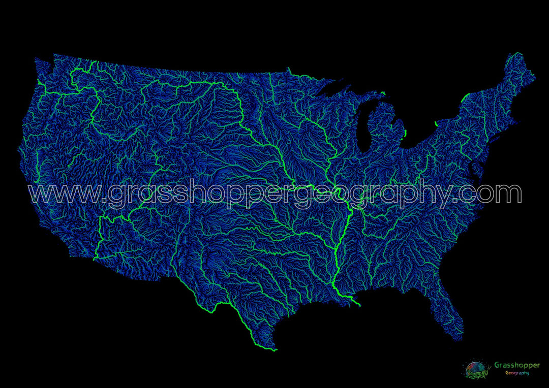 Blue and green river map of the United States with black background - Fine Art Print