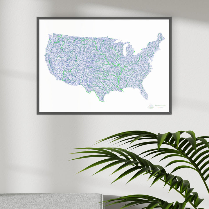 Estados Unidos - Mapa del río azul y verde sobre blanco - Impresión de Bellas Artes