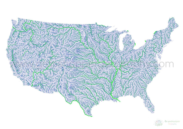 Estados Unidos - Mapa del río azul y verde sobre blanco - Impresión de Bellas Artes