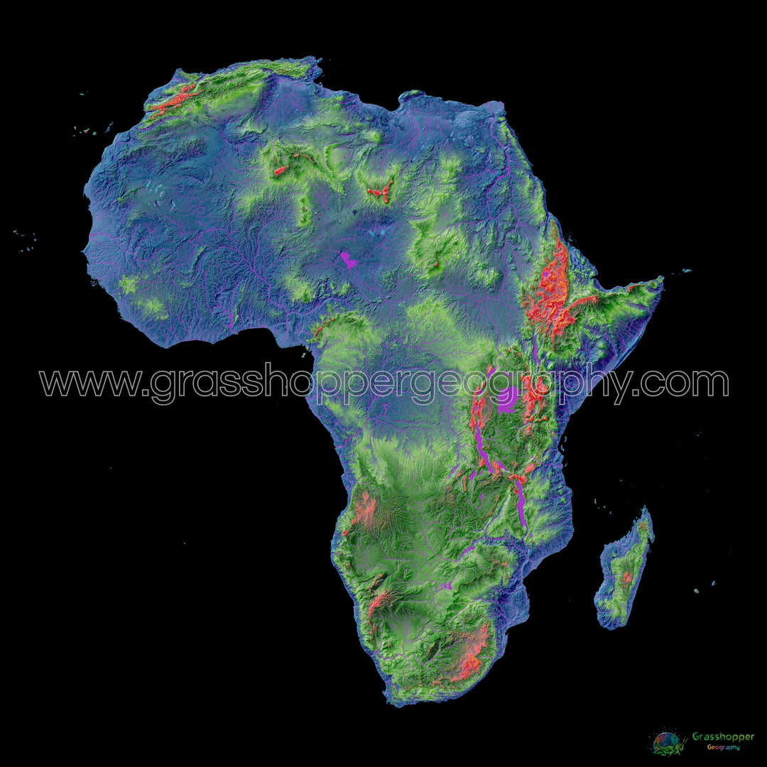 Afrique - Carte d'élévation, noir - Tirage d'art