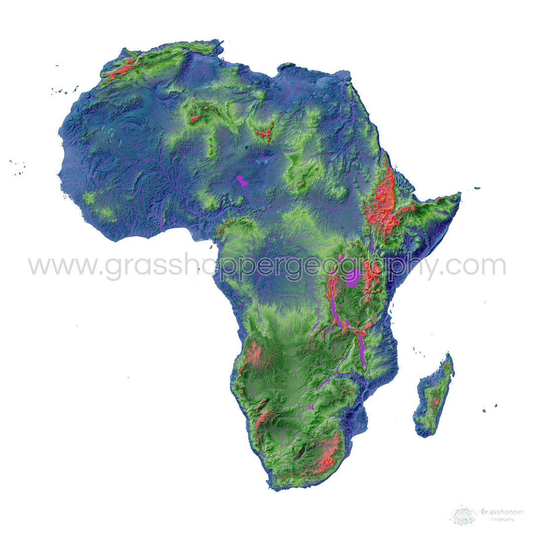 África - Mapa de elevación, blanco - Impresión de Bellas Artes