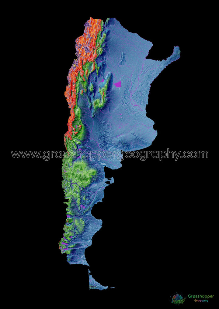 Elevation map of Argentina with black background - Fine Art Print