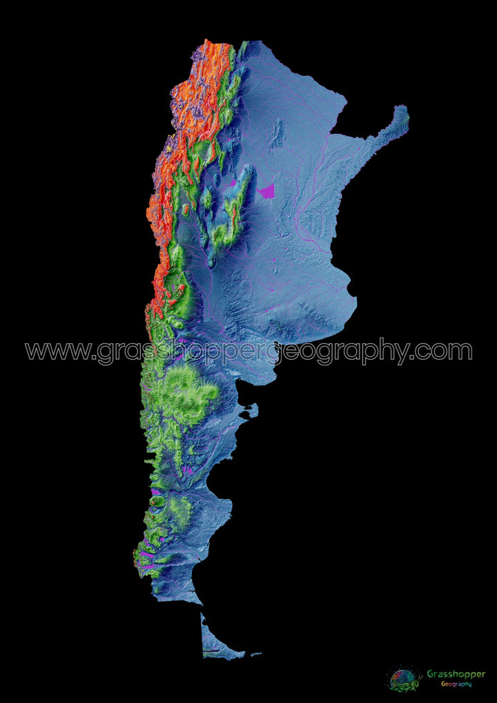 Argentina - Elevation map, black - Fine Art Print