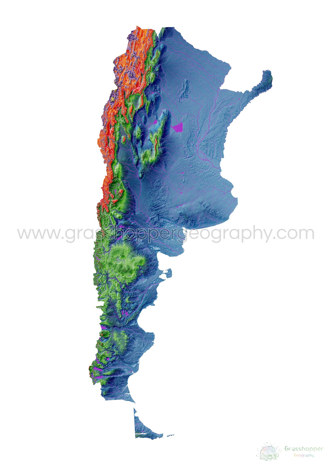 Argentina - Mapa de elevación, blanco - Impresión de Bellas Artes
