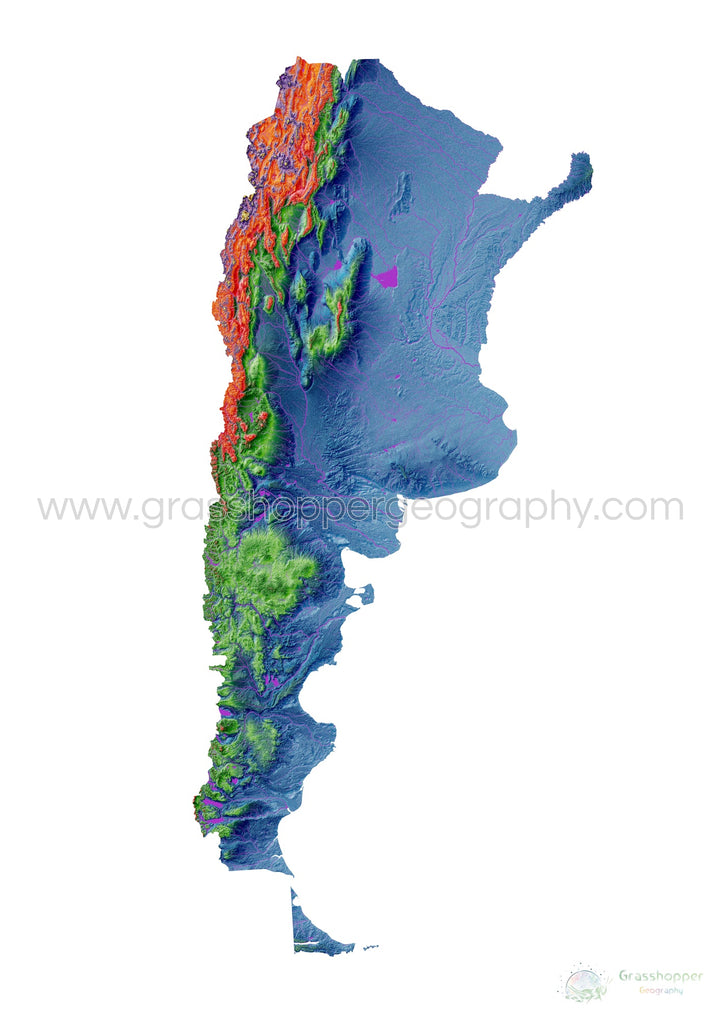 Argentina - Mapa de elevación, blanco - Impresión de Bellas Artes