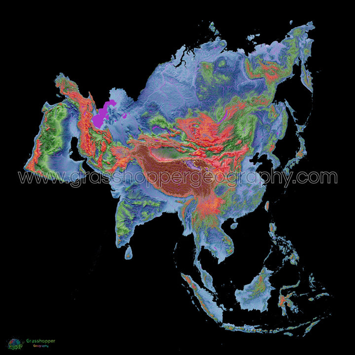 Elevation map of Asia with black background - Fine Art Print