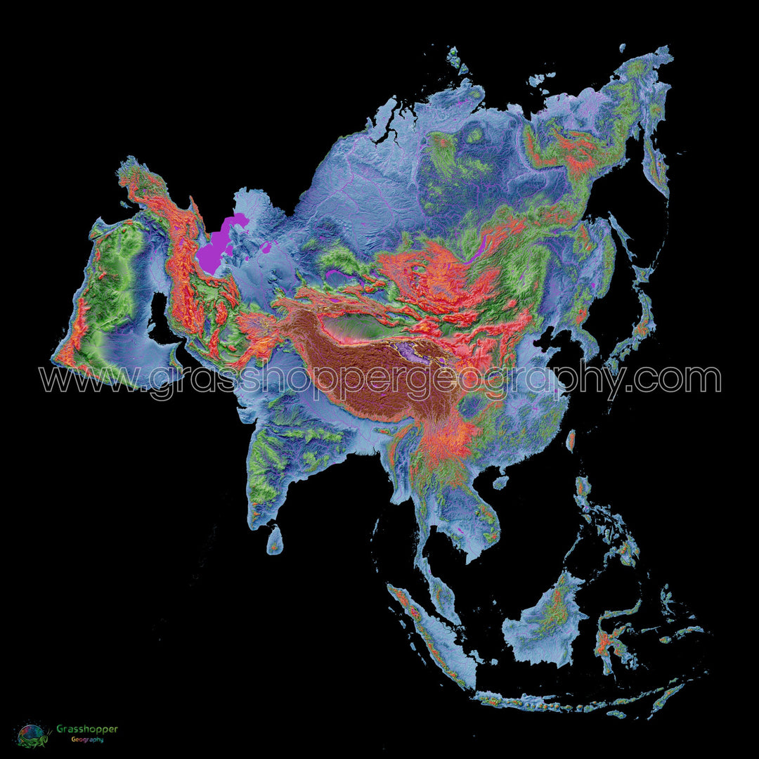 Asia - Mapa de elevación, negro - Impresión de Bellas Artes