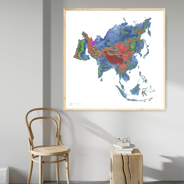 Asia - Mapa de elevación, blanco - Impresión de Bellas Artes