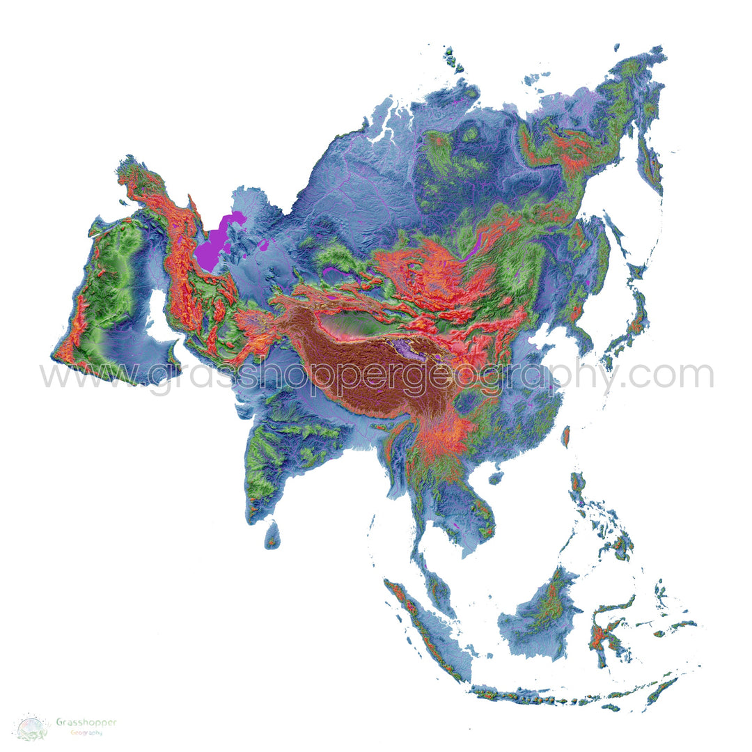Asia - Mapa de elevación, blanco - Impresión de Bellas Artes