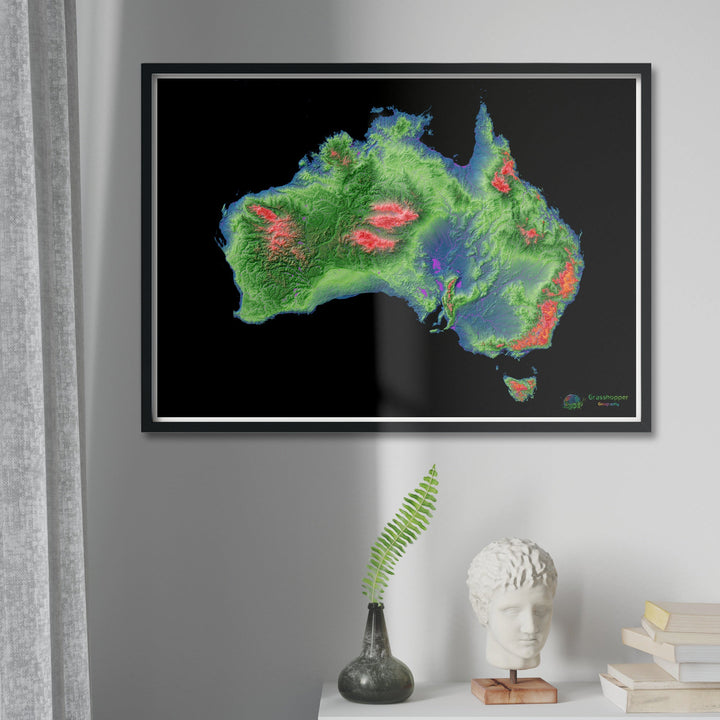 Elevation map of Australia with black background - Fine Art Print