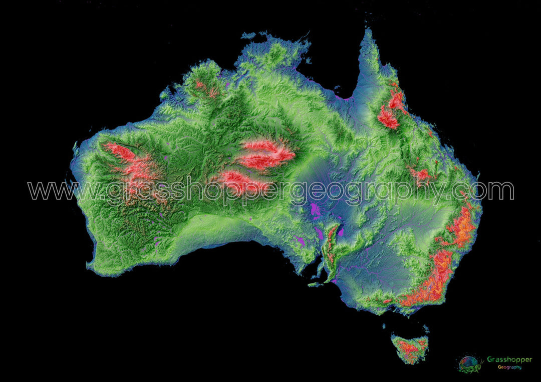 Australia - Mapa de elevación, negro - Impresión de Bellas Artes