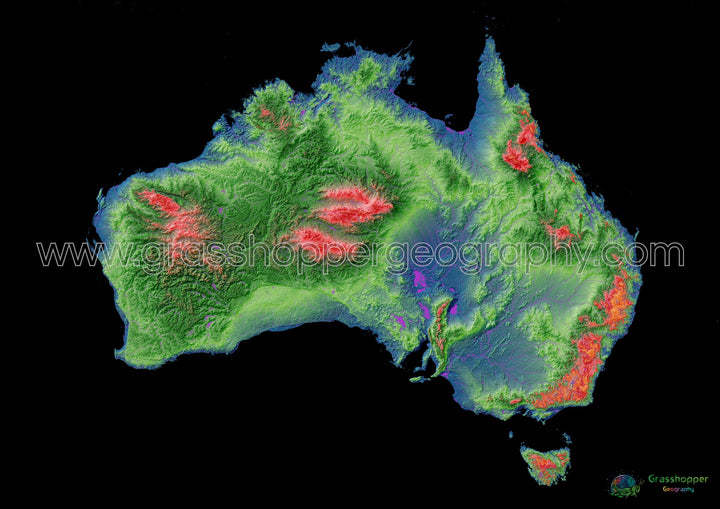 Australia - Mapa de elevación, negro - Impresión de Bellas Artes