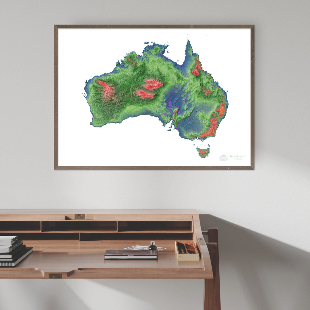 Australia - Mapa de elevación, blanco - Impresión de Bellas Artes