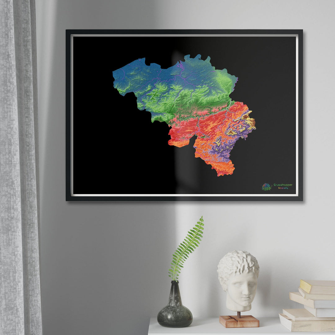 Elevation map of Belgium with black background - Fine Art Print