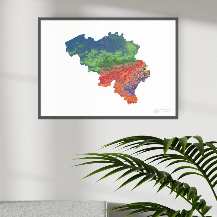 Bélgica - Mapa de elevación, blanco - Impresión de bellas artes