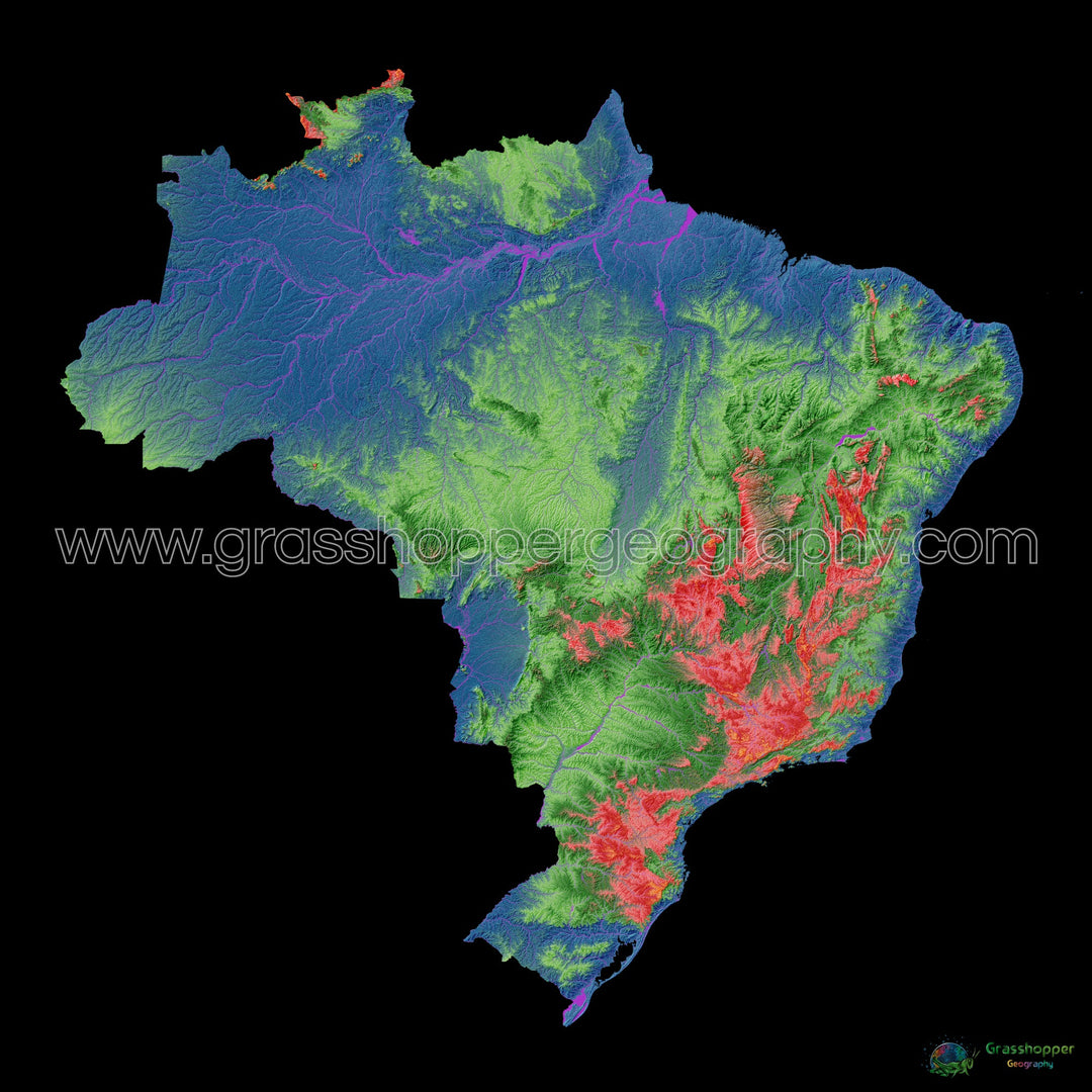 Brasil - Mapa de elevación, negro - Impresión de Bellas Artes