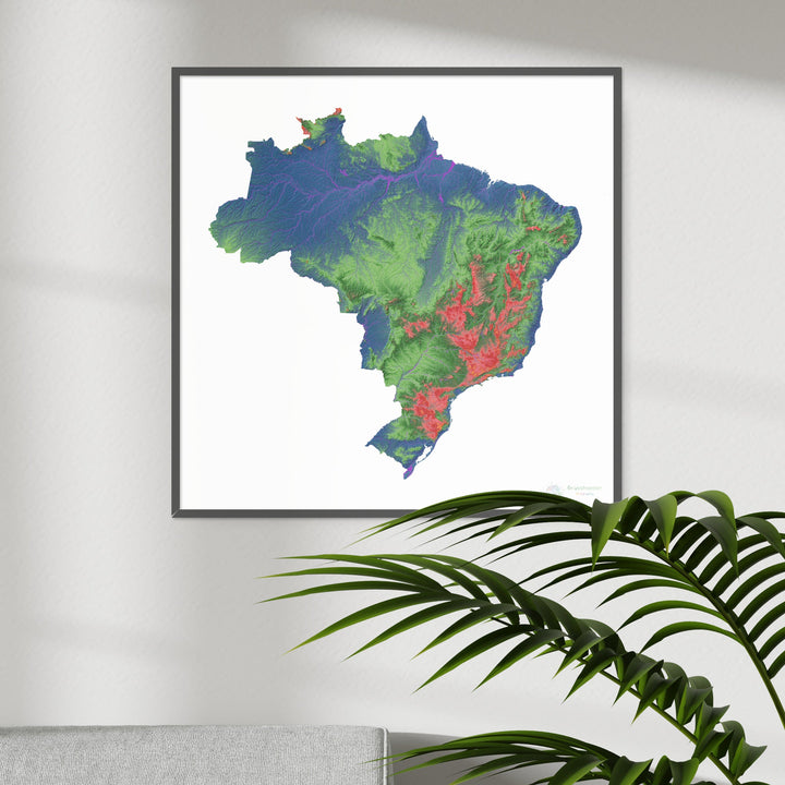 Elevation map of Brazil with white background - Fine Art Print