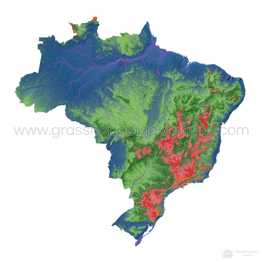 Elevation map of Brazil with white background - Fine Art Print
