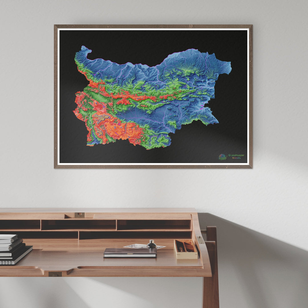 Elevation map of Bulgaria with black background - Fine Art Print
