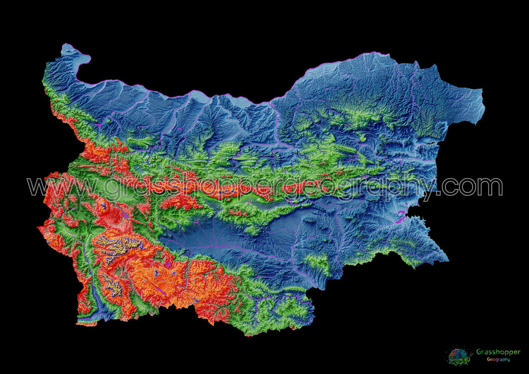 Bulgaria - Mapa de elevación, negro - Impresión de bellas artes