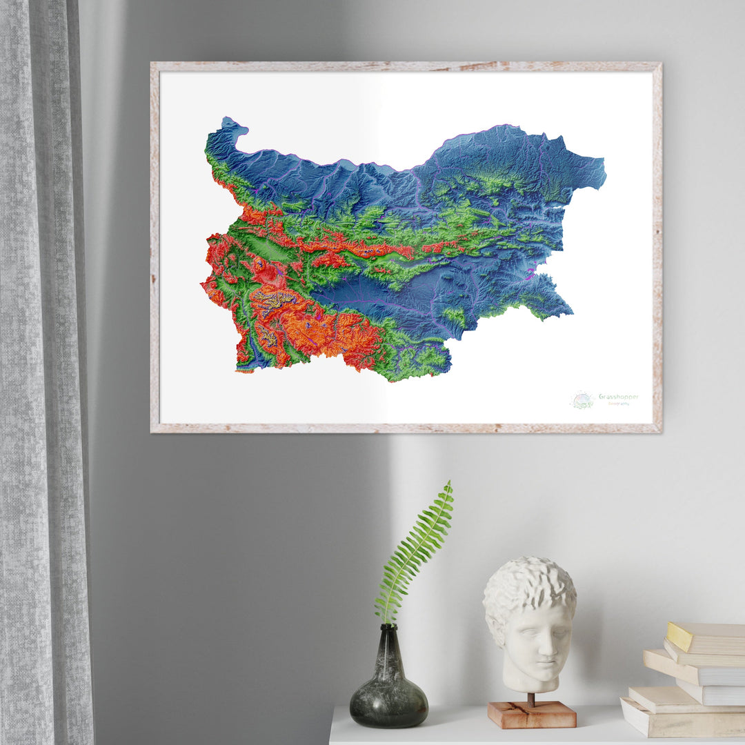 Bulgaria - Mapa de elevación, blanco - Impresión de bellas artes