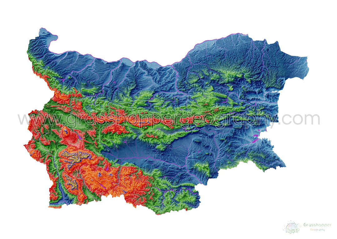 Bulgaria - Mapa de elevación, blanco - Impresión de bellas artes