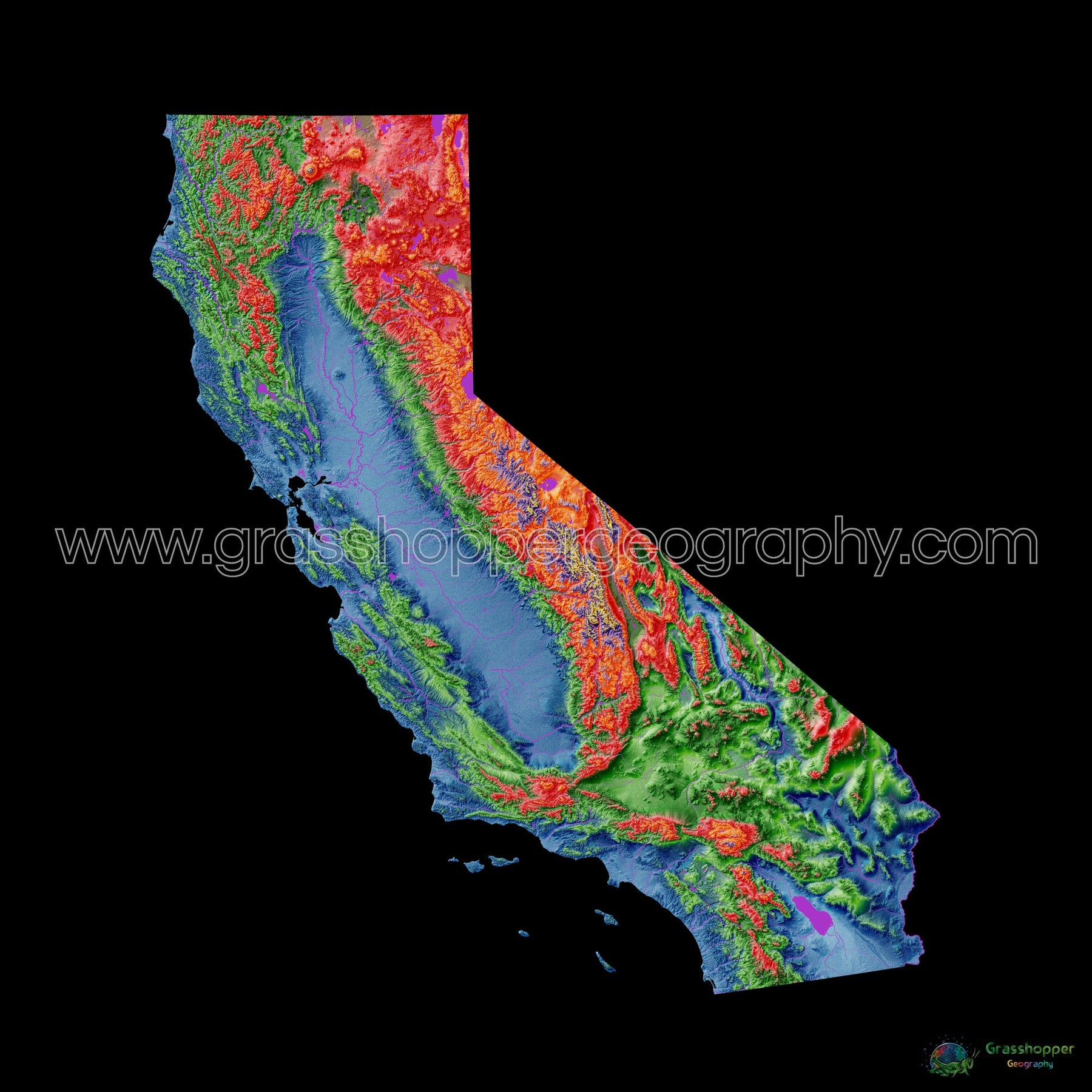 California - Elevation map, black - Fine Art Print – Grasshopper Geography