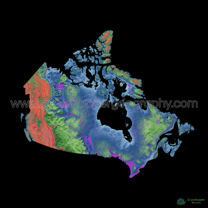 Elevation map of Canada with black background - Fine Art Print