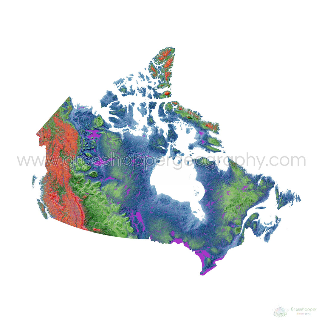 Canadá - Mapa de elevación, blanco - Impresión de Bellas Artes