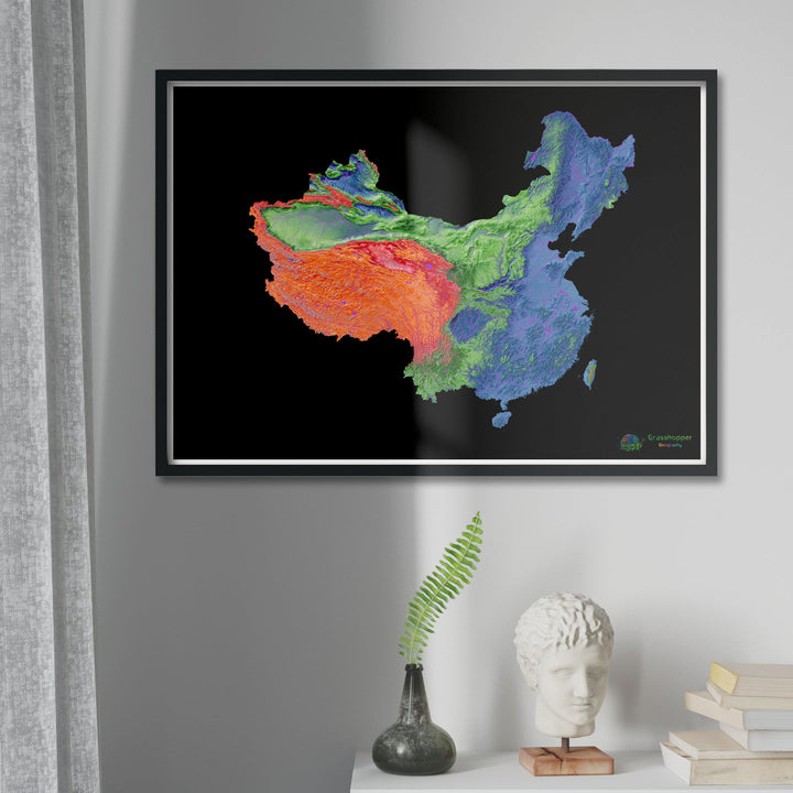 China y Taiwán - Mapa de elevación, negro - Impresión de Bellas Artes