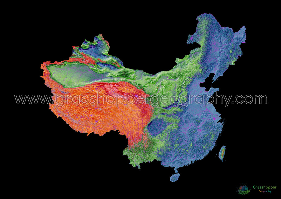 China y Taiwán - Mapa de elevación, negro - Impresión de Bellas Artes