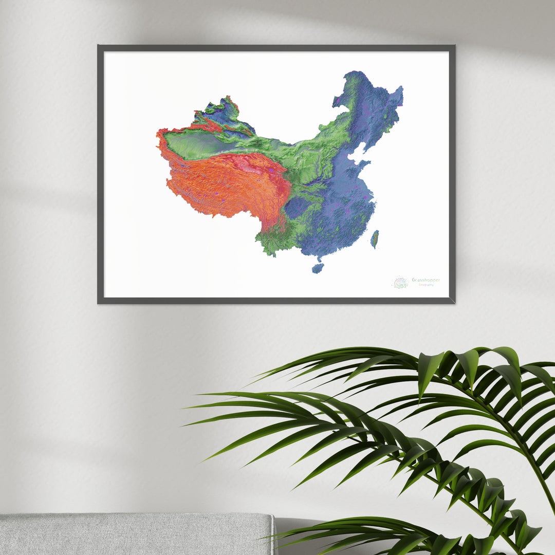 China y Taiwán - Mapa de elevación, blanco - Impresión de Bellas Artes