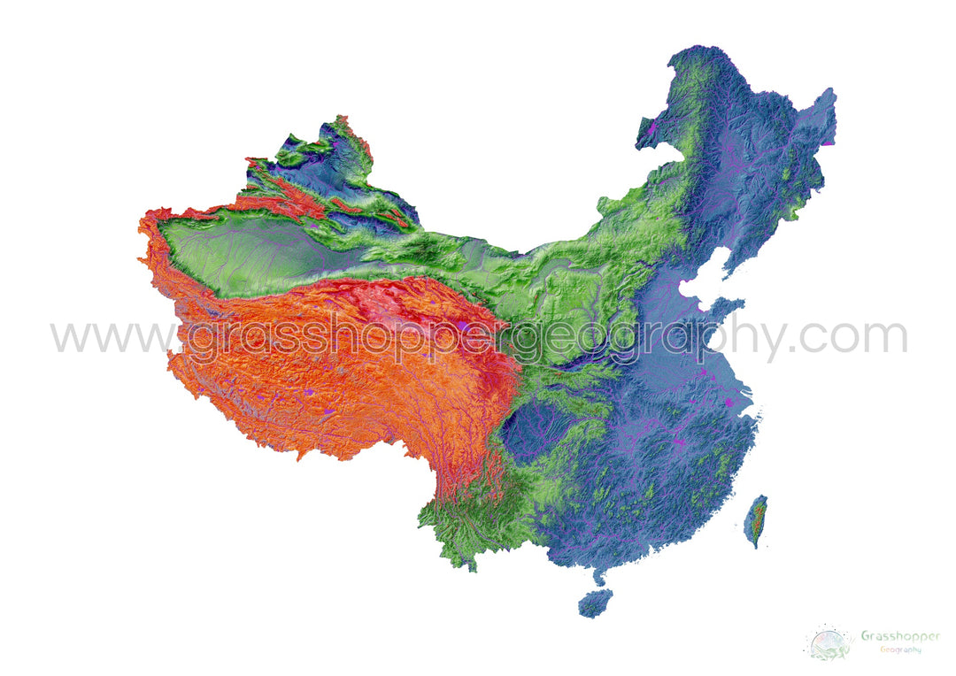 China and Taiwan - Elevation map, white - Fine Art Print