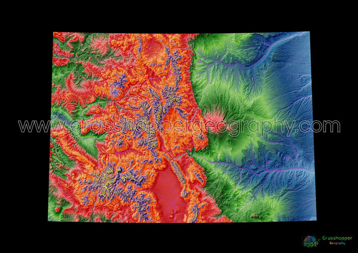 Colorado - Mapa de elevación, negro - Impresión de bellas artes