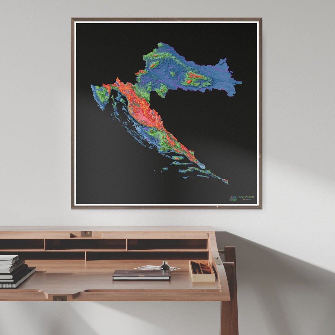Croacia - Mapa de elevación, negro - Impresión de bellas artes