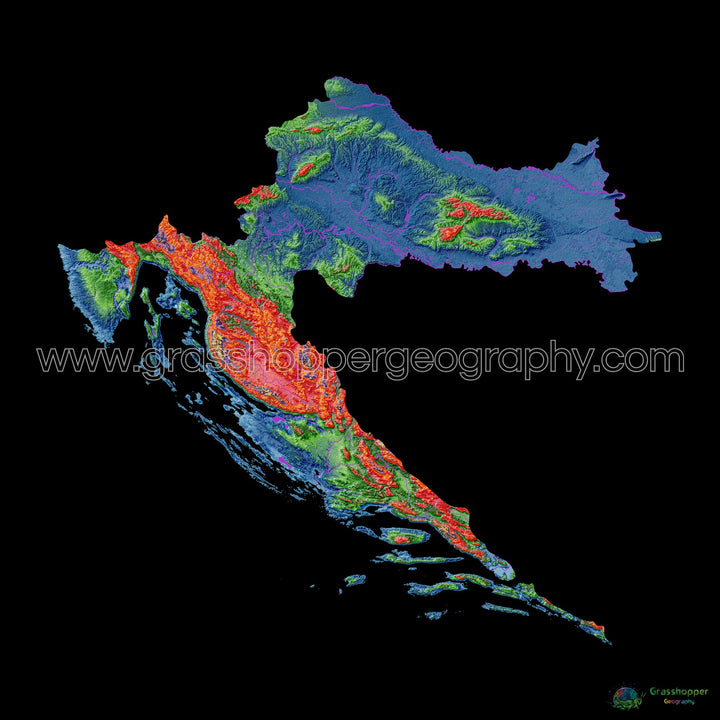 Croacia - Mapa de elevación, negro - Impresión de bellas artes