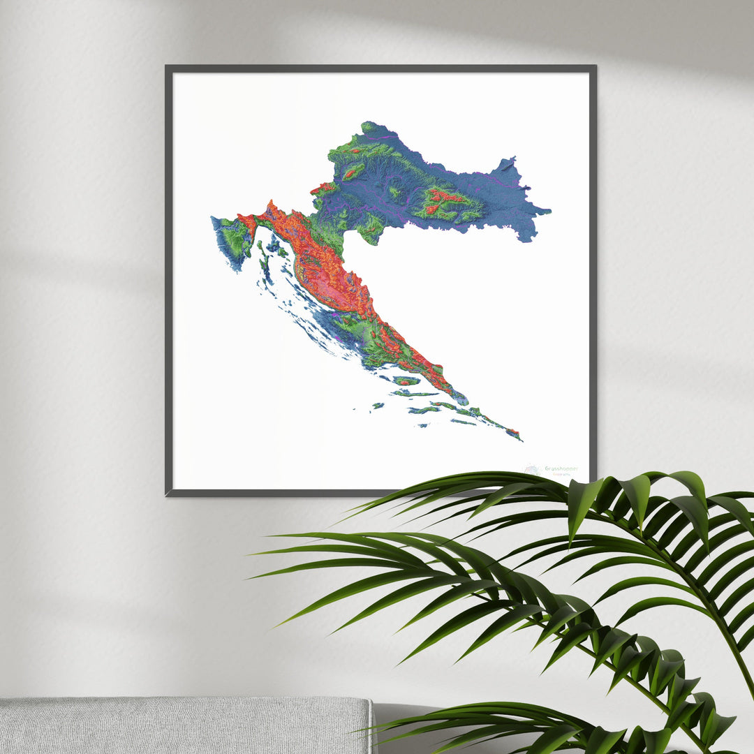 Croacia - Mapa de elevación, blanco - Impresión de Bellas Artes