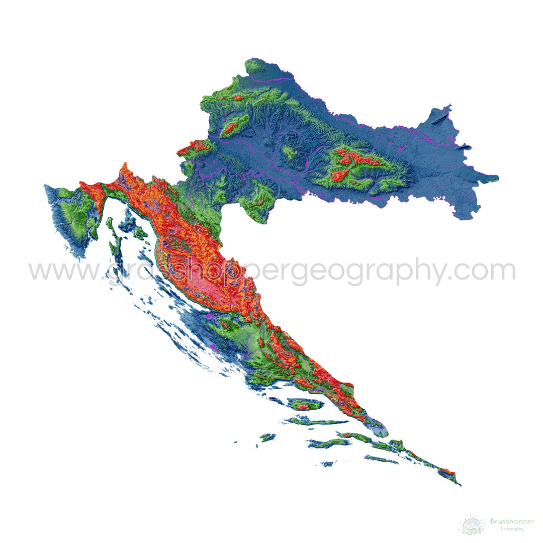 Croacia - Mapa de elevación, blanco - Impresión de Bellas Artes