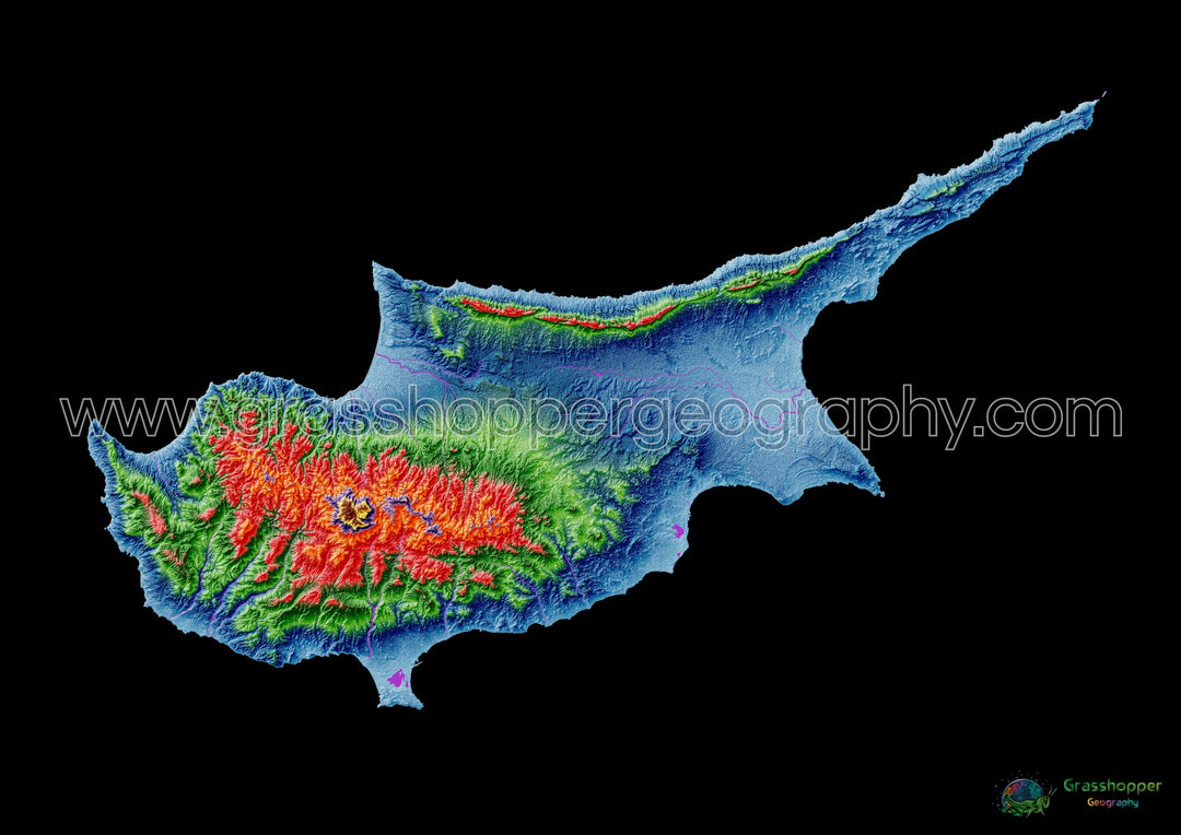 Chipre - Mapa de elevación, negro - Impresión de Bellas Artes